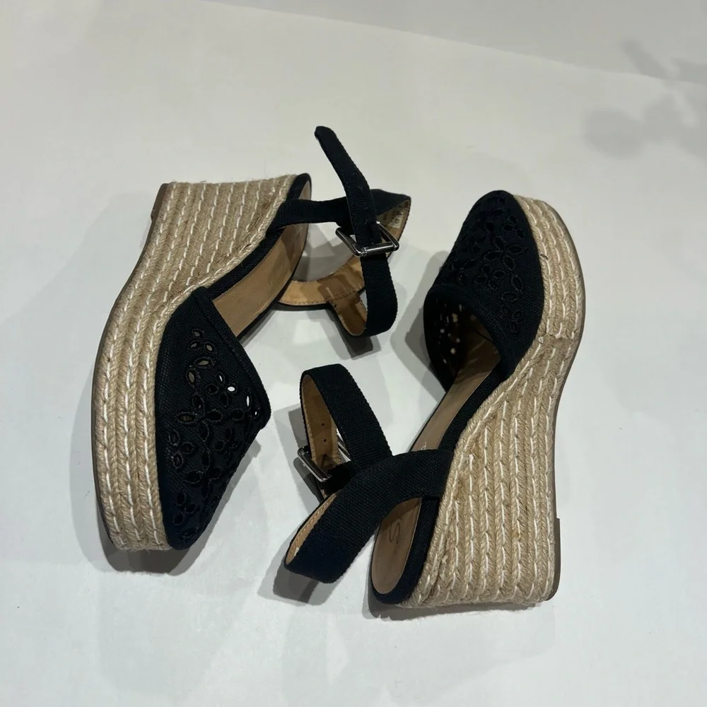 Skechers Black Cut out Espadrille Wedge Sandals size 8 boho spring summer shoe
